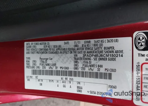 2012 Ford Fiesta Se из США, поврежденный, VIN 3FADP4BJ8CM150214